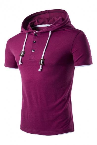 Summer Casual Plain Button Fly Short Sleeve Slim Fit Hooded T-Shirt Hoodie