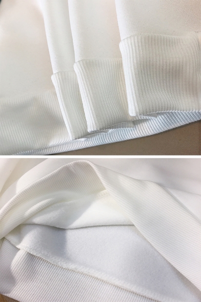 Unisex Letter OK Comic Figure Print Crew Neck Long Sleeve White Loose Pullover Sweatshirt