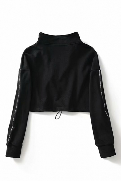 VPTIANCH Letter Tape Patched Long Sleeve High Collar Drawstring Hem Half-Zip Black Cropped Sweatshirt for Cool Girls