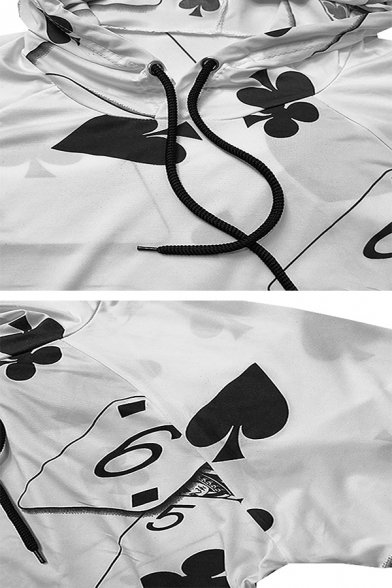 White and Black Playing Cards Pattern Short Sleeve Slim Fit Drawstring Hoodie with Pocket