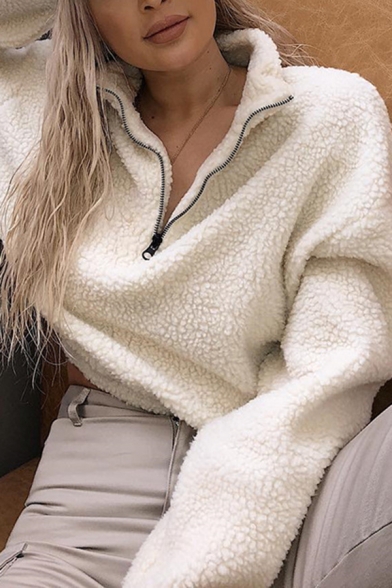 White Fashionable Lapel Collar Half-Zip Closure Long Sleeve Sherpa Pullover Cropped Sweatshirt