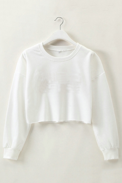 White Solid Color Crew Neck Long Sleeve Cropped Loose Sweatshirt