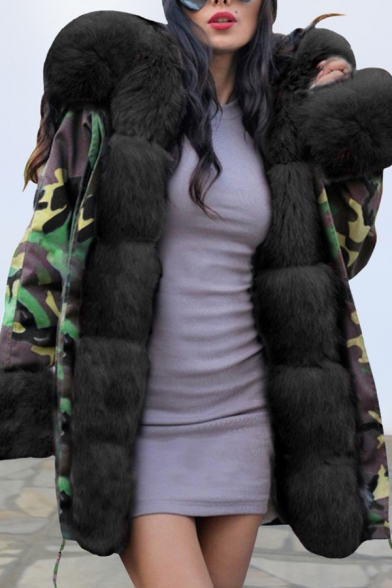 Winter New Arrival Warm Camo Printed Gathered Waist Faux Fur Long Parka Hooded Coat