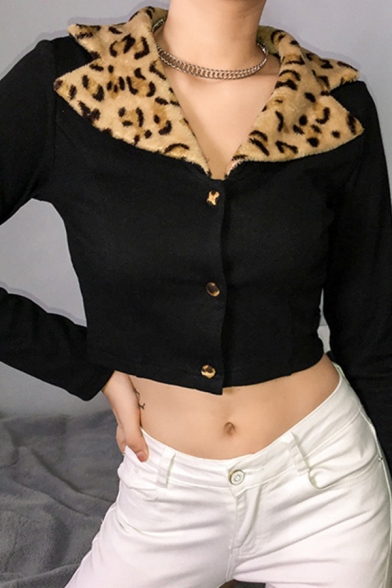 

Womens Casual Leopard Trim Notched Lapel Collar Long Sleeve Black Slim Fit Cropped Jacket, LM567119