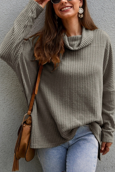 Womens Casual Plain Waffle Knit Cowl Neck Long Sleeve Oversized Pullover Sweater Top