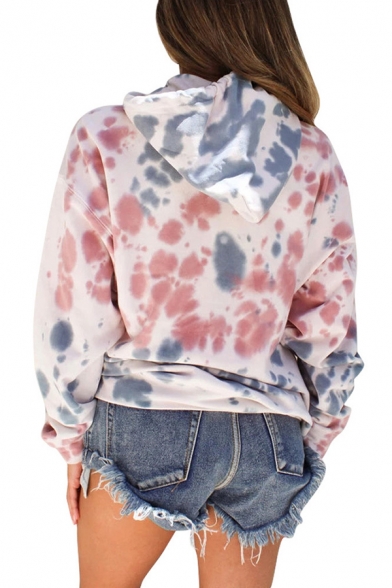 Womens Casual Tie Dye Print Long Sleeve Loose Fit Pink and Blue Drawstring Hoodie with Pocket