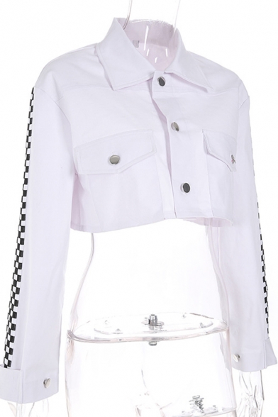 Womens Classic White Plaid Printed Long Sleeve Single Breasted Flap Pocket Cropped Jacket