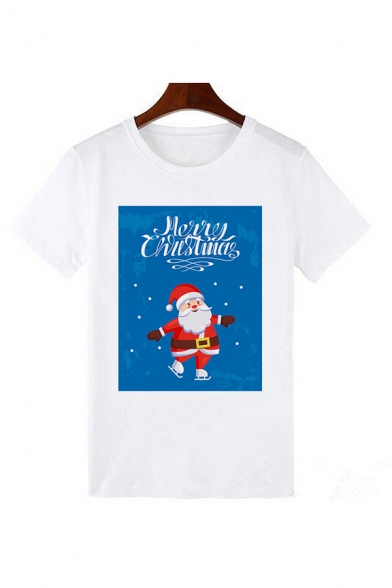 Womens Cute Santa Claus Printed Short Sleeve White Graphic Christmas T-Shirt