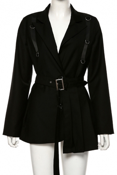 Womens Designer Black Long Sleeve Notched Lapel Collar Belted Blazer Dress