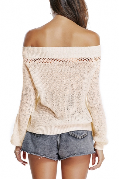 Womens Elegant Apricot Off the Shoulder Lantern Sleeve Loose Fit Pointelle Sweater