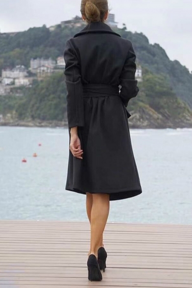 Womens Elegant Black Solid Color Long Sleeve Notched Collar Tied Waist Longline Wool Overcoat Trench Coat