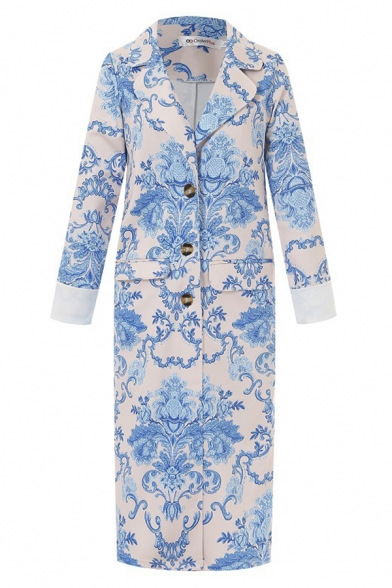 Womens Fashion Chinese Style Floral Printed Turn-Down Collar Single Breasted Longline Coat with Pocket
