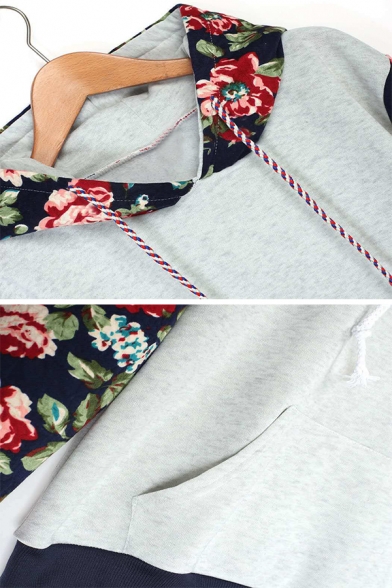 Womens Fashion Colorblock Floral Printed Long Sleeve Drawstring Hoodie with Pocket