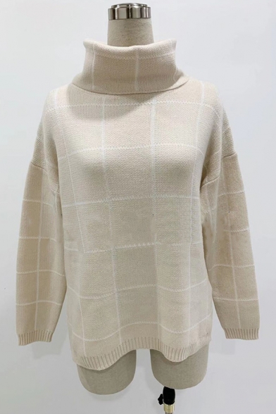 Womens Fashion Grid Printed Turtleneck Long Sleeve Side Split Loose Relaxed Pullover Sweater