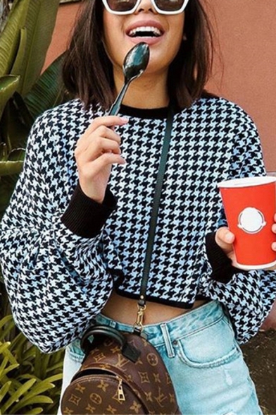 Womens Fashion Houndstooth Pattern Contrast Trim Long Sleeve Round Neck Cropped Sweatshirt