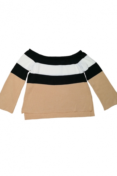 Womens Fashionable Contrast Color Stripe Off Shoulder Loose Fit Pullover Sweater