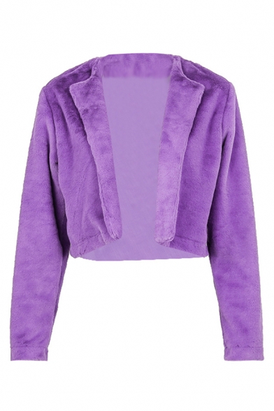 Womens Fashionable Purple Open Front Long Sleeve Plush Fleece Cropped Cardigan Jacket Coat