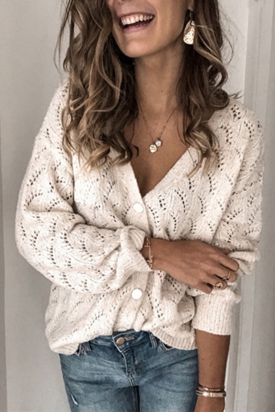 Womens Loose V Neck Long Sleeve Button Down Hollow-Out White Cardigan Coat