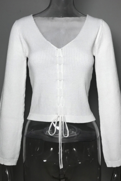 Womens Sexy Drawstring Front V Neck Long Sleeve Ribbed Knit Cropped Jumper Top