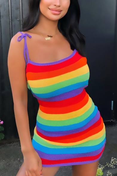 Womens Sexy Rainbow Striped Printed Tie Strap Casual Mini Bodycon Slip Dress