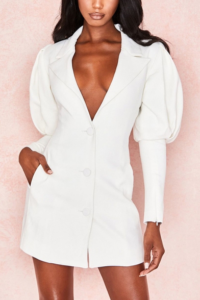Womens Sexy Single Breasted Puff Sleeve White Slim Fit Longline Blazer Coat