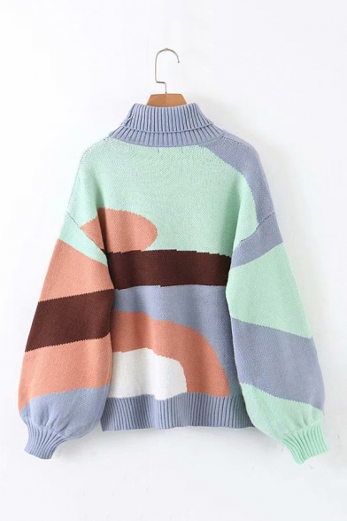 Womens Simple Color Blocked Roll Neck Lantern Long Sleeve Oversized Casual Pullover Sweater