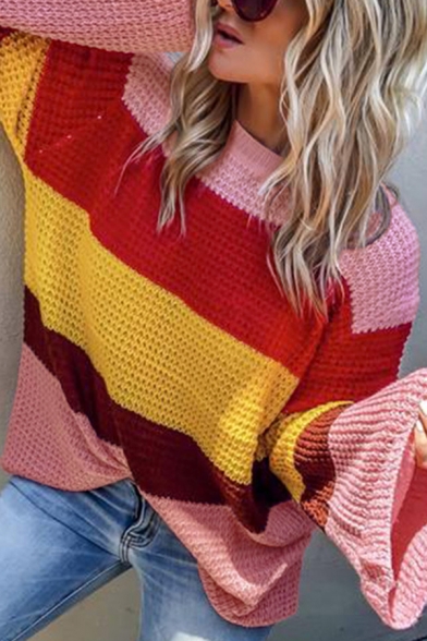 Womens Stylish Contrast Color Striped Printed Bell Long Sleeve Oversized Pullover Knitted Sweater
