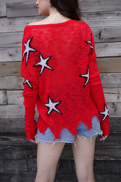 Womens Stylish Red Casual Stars Pattern V Neck Long Sleeve Ripped Hem Slim Fit Pullover Sweater
