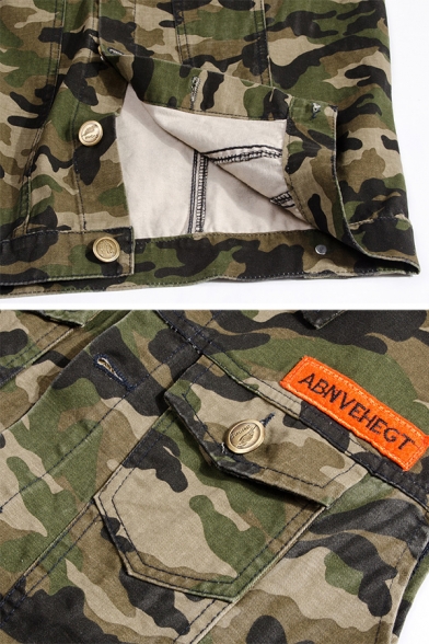 ABNVEHEGT Letter Patch Camouflage Pattern Sleeveless Lapel Collar Single Breasted Fitted Green Jean Vest