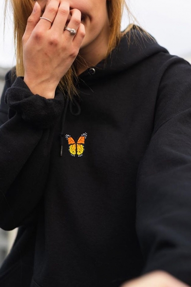 Black Butterfly Embroidery Printed Long Sleeve Oversized Drawstring Hoodie