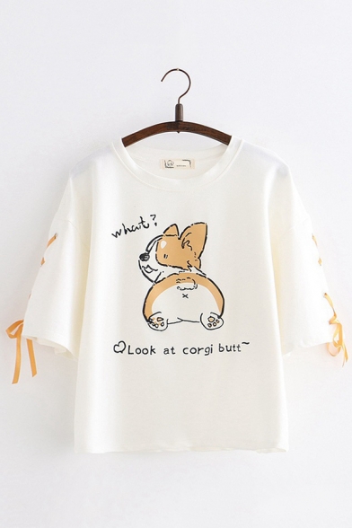 Cartoon Animal LOOK AT CORGI BUTT Letter Printed Lace Up Short Sleeve Casual T-Shirt
