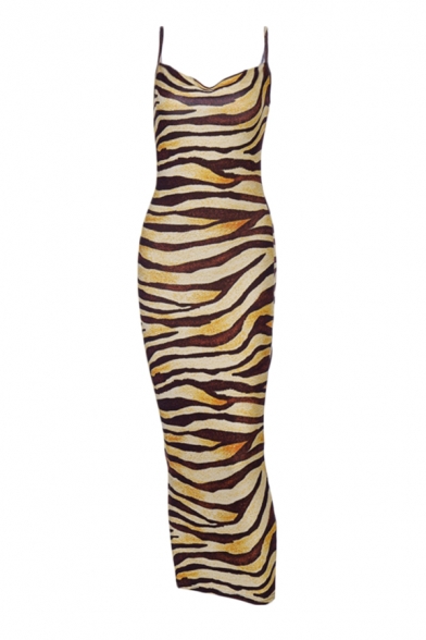 Classic Tiger Printed Sleeveless Slim Fit Sexy Maxi Cami Dress for Women