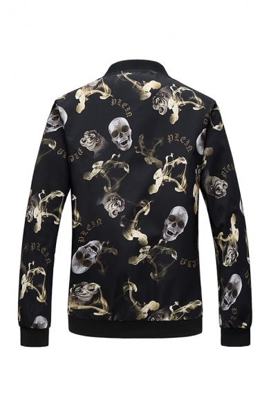 Cool Allover Skull and Smog Print Long Sleeve Stand Collar Slim Fit Zipper Casual Jacket