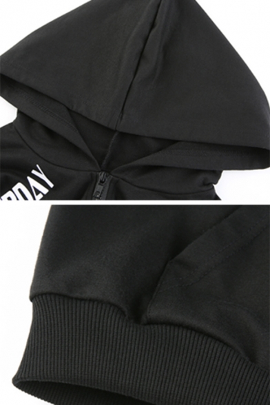 Cool Black Letter SATURDAY Printed Fire Pattern Long Sleeve Zip Up Cropped Hoodie