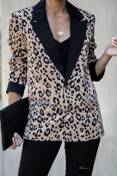 Fashionable Contrast Lapel Collar Leopard Pattern Long Sleeve Double Button Loose Fit Casual Blazer Coat
