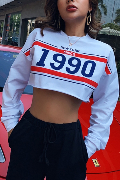 Fashionable Letter NEW YORK SINCE 1990 Stripe Printed White Long Sleeve Cropped Sweatshirt