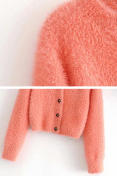 Fashionable Orange Long Sleeve Button Front Cropped Fluffy Knit Cardigan Coat