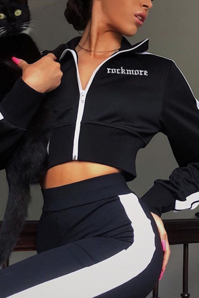 Fashionable ROCKMORE Letter Embroidery Printed Stripe Long Sleeve Zip Up Black Cropped Fitted Jacket