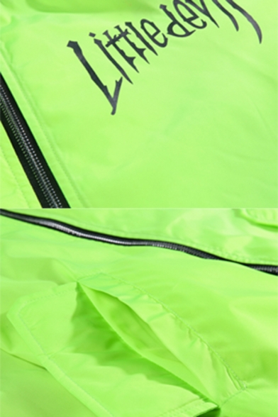 Fluorescent Green LITTLE DEVIL Letter Printed Contrast Trim Long Sleeve Zip Up Loose Baseball Jacket