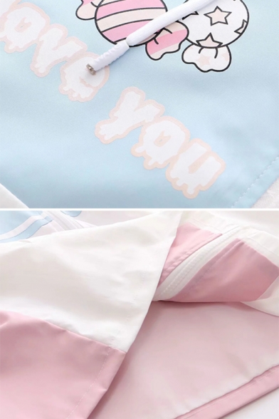 Funny Letter LOVE YOU Candy Star Printed Pink & Blue Colorblock Long Sleeve Zip Up Loose Fit Hooded Jacket Outdoor Windbreaker