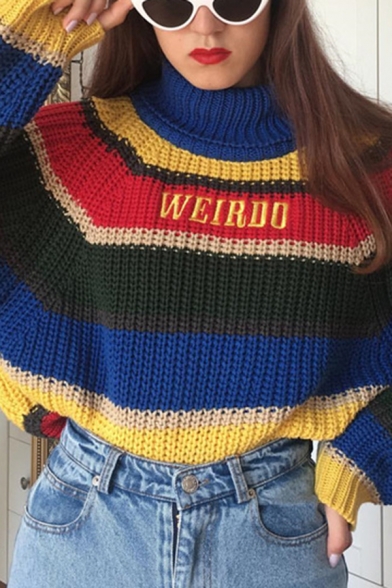 Girls Fashionable Letter WEIRDO Embroidery Printed Colorful Stripes Roll Neck Long Sleeve Oversized Pullover Sweater