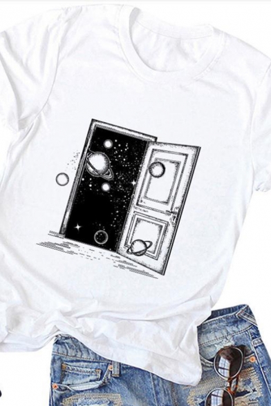 Girls White Unique Universe Outer Space Print Short Sleeve Relaxed Fit Casual T-Shirt Top