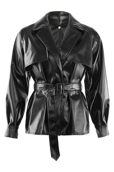 Black Notched Lapel Elastic Cuff Belted PU Leather Trench Coat