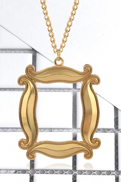 Plain Gold Hollow Out Photo Frame Classic Necklace