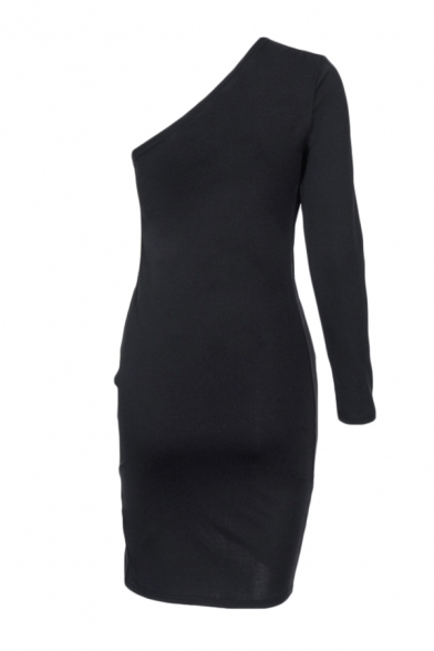 Ladies Fashion Plain Single One Shoulder Sleeve Ruched Side Slim Fit Mini Asymmetric Dress