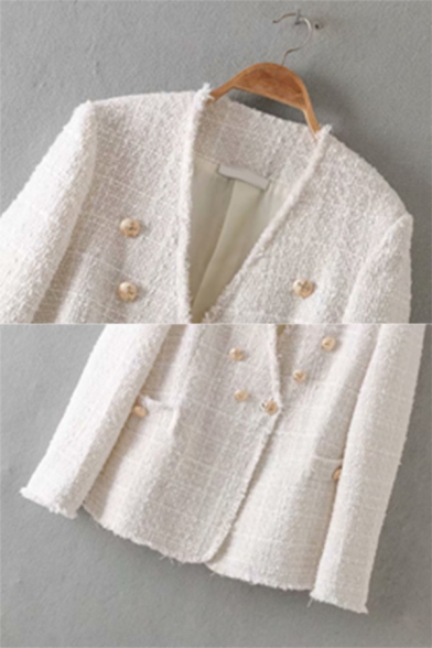 Ladies Fashionable White Long Sleeve Button Embellished Tweed Suit Coat with Pocket