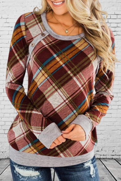 Ladies New Fashionable Checked Pattern Contrast Trim Long Sleeve Casual Pullover Sweatshirt