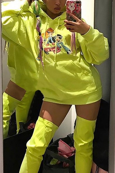 Lovely Cartoon Character Printed Fluorescent Green Long-Sleeved Drawstring Loose Hoodie with Pocket