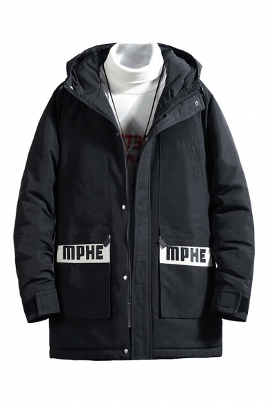 Mens Fashionable Black Letter MPHE Printed Flap Pocket Long Sleeve Zip Up Oversized Longline Hooded Down Coat