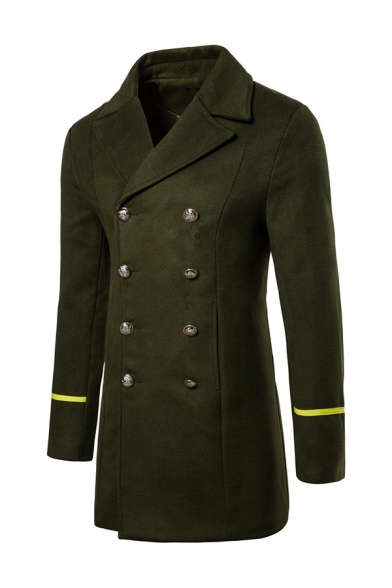 Mens New Trendy Lapel Collar Stripe Long Sleeve Double Breasted Mid-Length Wool Pea Coat